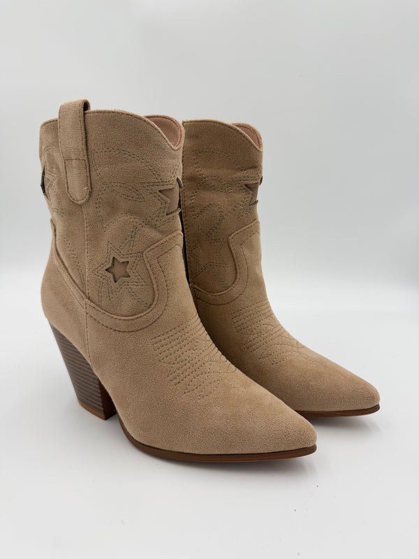 Dark Beige Faux Suede Star Detail Ankle Cowboy Boots in Dark Beige / 36/3 - HL London