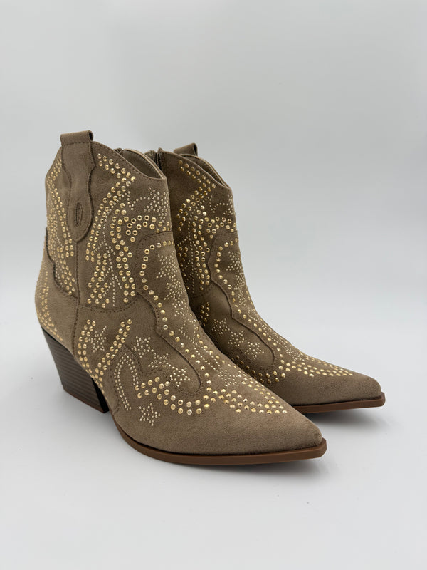 Dark Beige Suede Effect Studded Ankle Cowboy Boots in Dark Beige / 36/3 - HL London