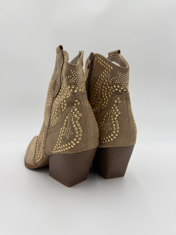 Dark Beige Suede Effect Studded Ankle Cowboy Boots in Dark Beige / 36/3 - HL London