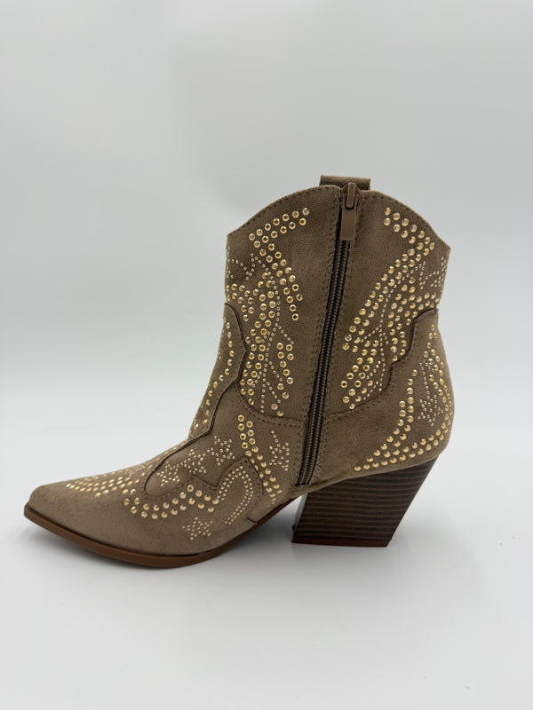 Dark Beige Suede Effect Studded Ankle Cowboy Boots in Dark Beige / 36/3 - HL London