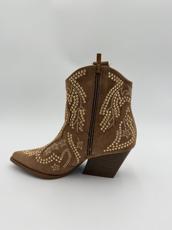 Camel Suede Effect Studded Ankle Cowboy Boots in Camel / 36/3 - HL London