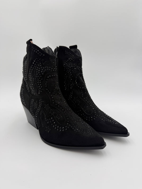 Black Suede Effect Studded Ankle Cowboy Boots in Black / 41/8 - HL London