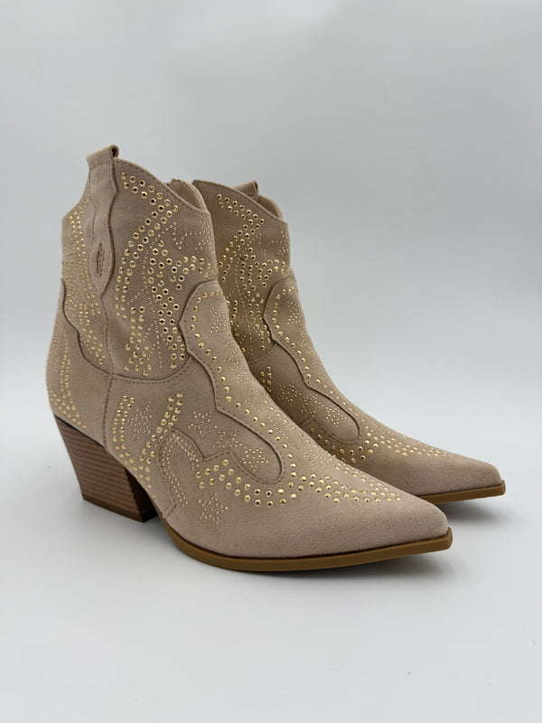 Beige Suede Effect Studded Ankle Cowboy Boots in Beige / 41/8 - HL London