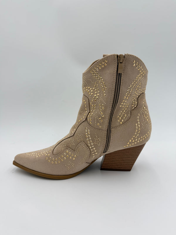 Beige Suede Effect Studded Ankle Cowboy Boots in Beige / 41/8 - HL London