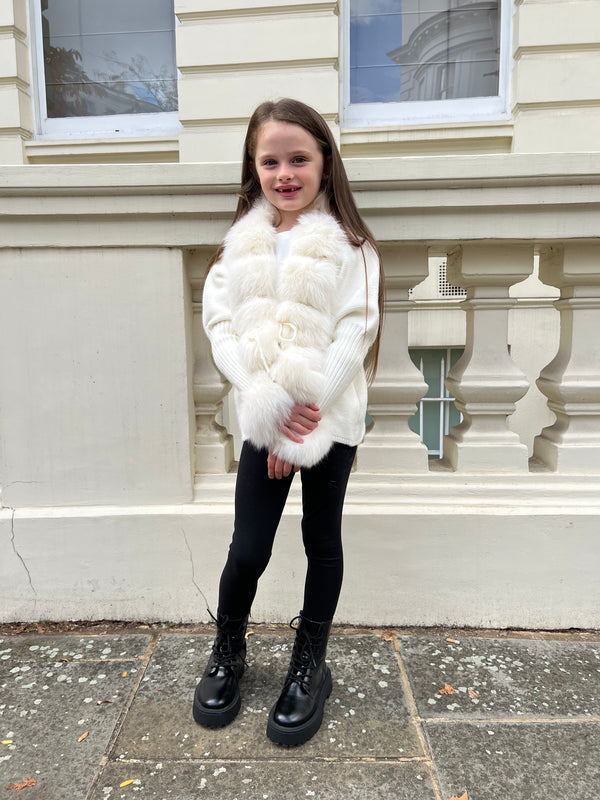 Childrens Cream Luxury Fur Cardigan