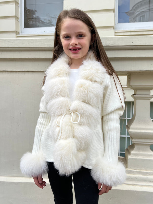 Childrens Cream Luxury Fur Cardigan