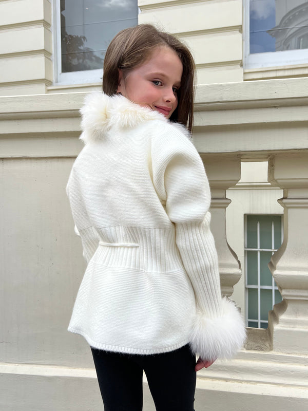 Childrens Cream Luxury Fur Cardigan