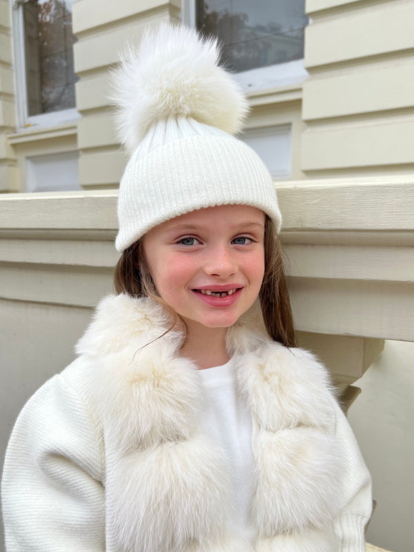 Childrens Cream Luxury Fur Bobble Hat
