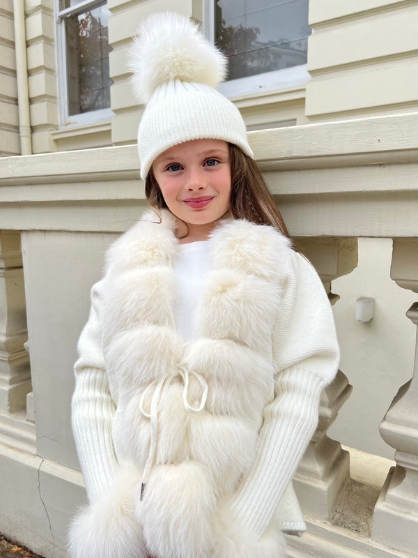 Childrens Cream Luxury Fur Bobble Hat