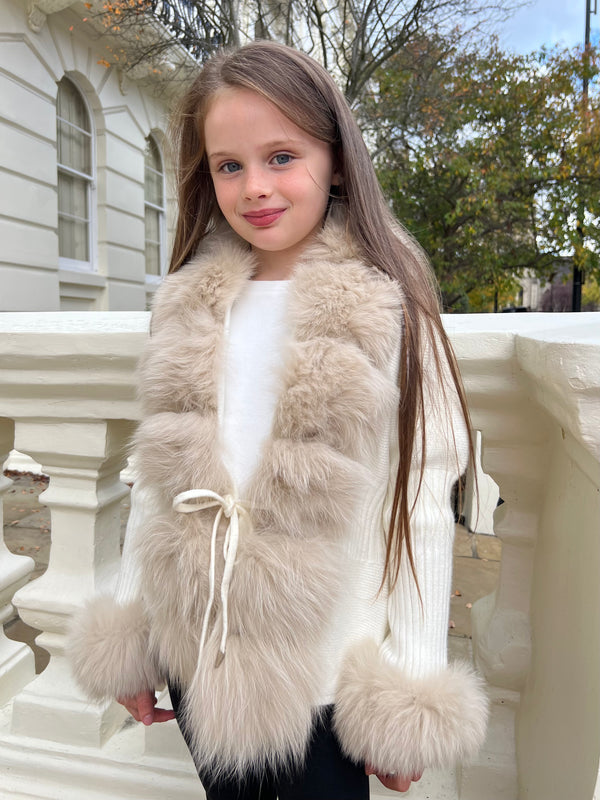 Childrens Cream/Beige Luxury Fur Cardigan