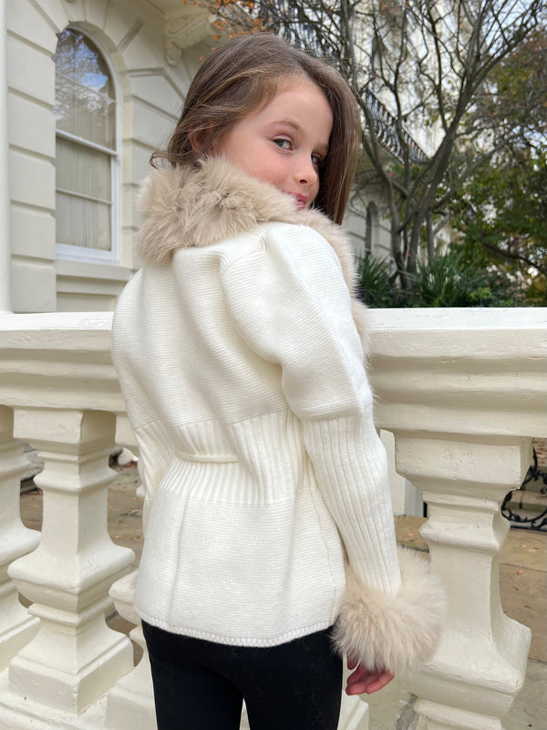 Childrens Cream/Beige Luxury Fur Cardigan