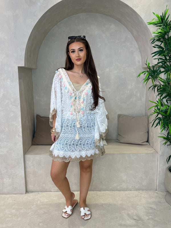 Boho Batwing Drawstring Lace dress