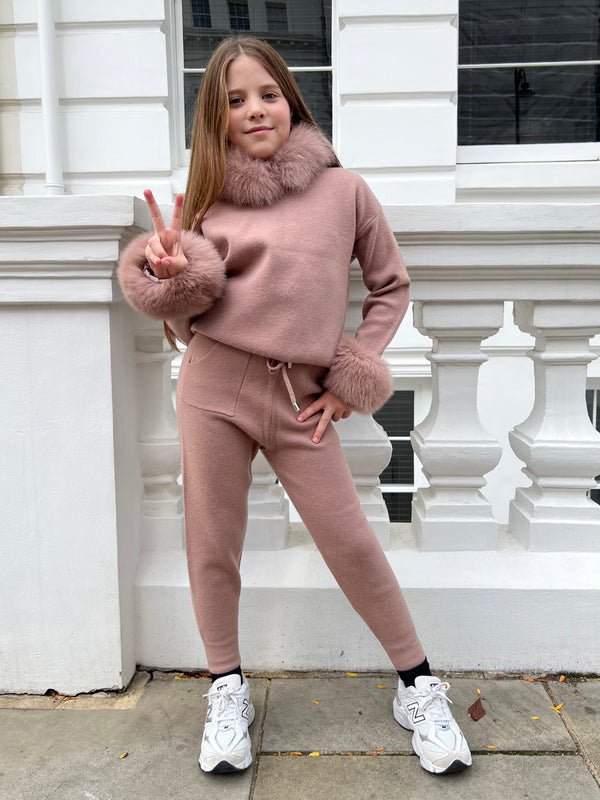 Childrens Taupe Luxury Fur Trim Hood & Cuff Tracksuit