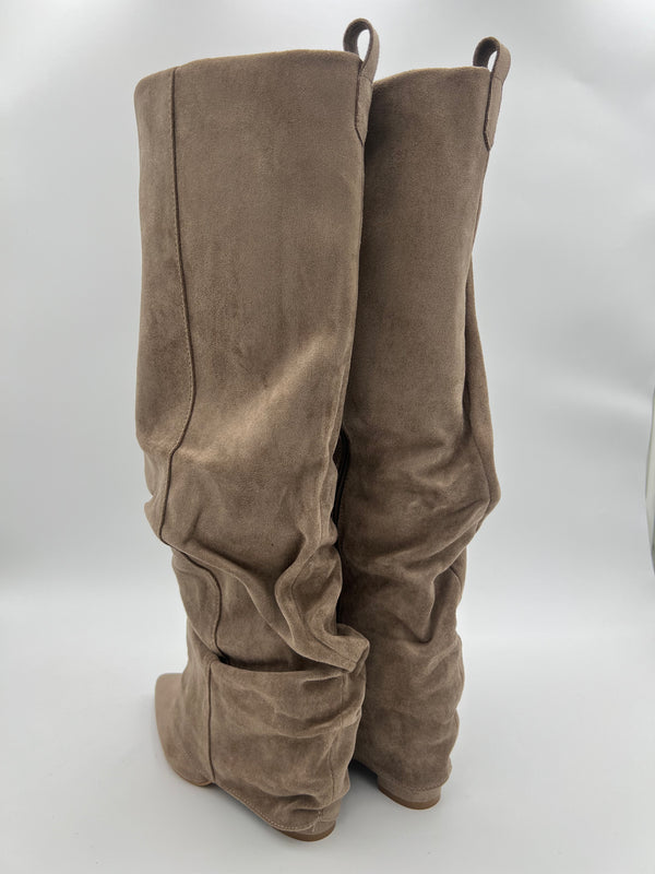 Dark Beige Faux Suede Fold Over Knee High Slouch Boot in Dark Beige / 3/36 - HL London
