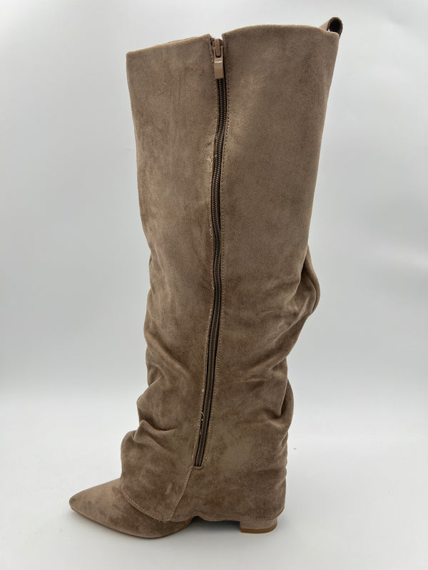 Dark Beige Faux Suede Fold Over Knee High Slouch Boot in Dark Beige / 3/36 - HL London