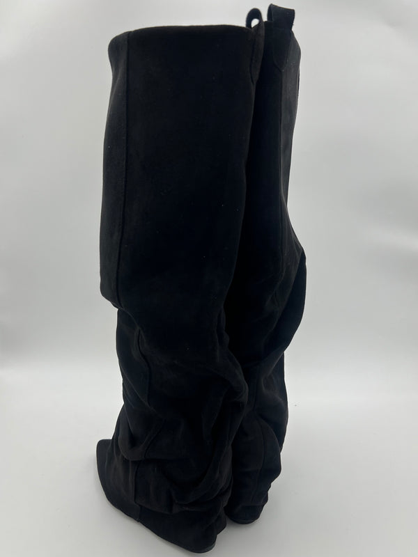 Black Faux Suede Fold Over Knee High Slouch Boot in Black / 3/36 - HL London
