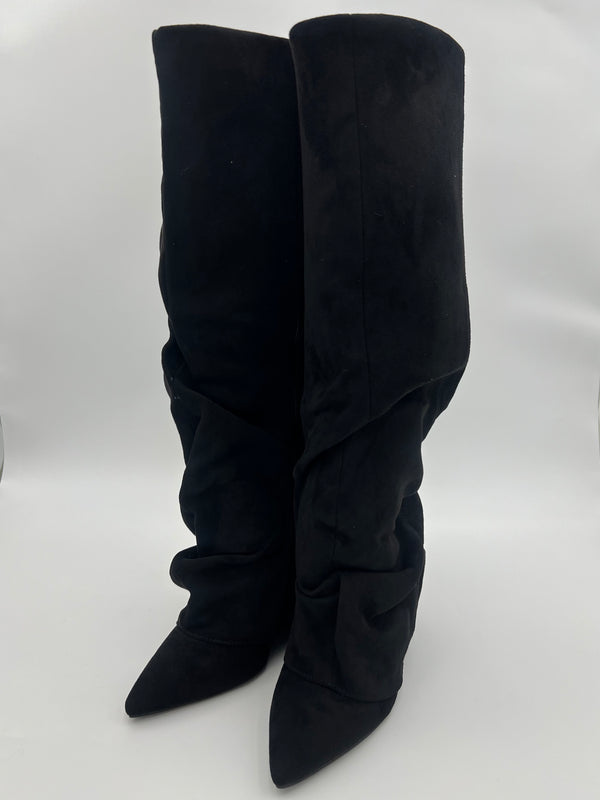 Black Faux Suede Fold Over Knee High Slouch Boot in Black / 3/36 - HL London