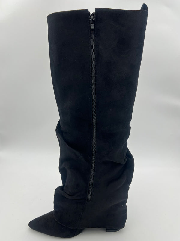 Black Faux Suede Fold Over Knee High Slouch Boot in Black / 3/36 - HL London