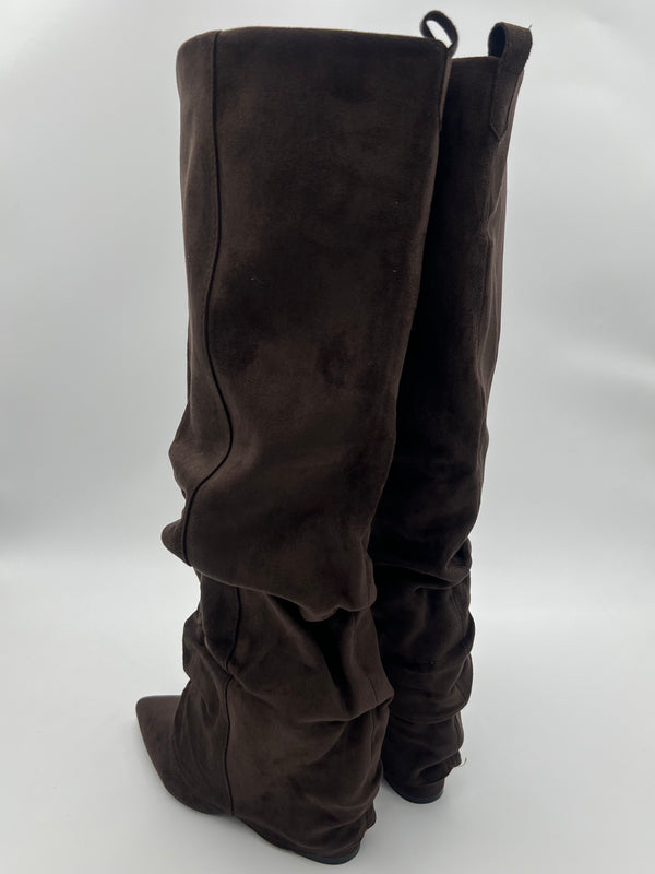Chocolate Faux Suede Fold Over Knee High Slouch Boot in Chocolate / 3/36 - HL London