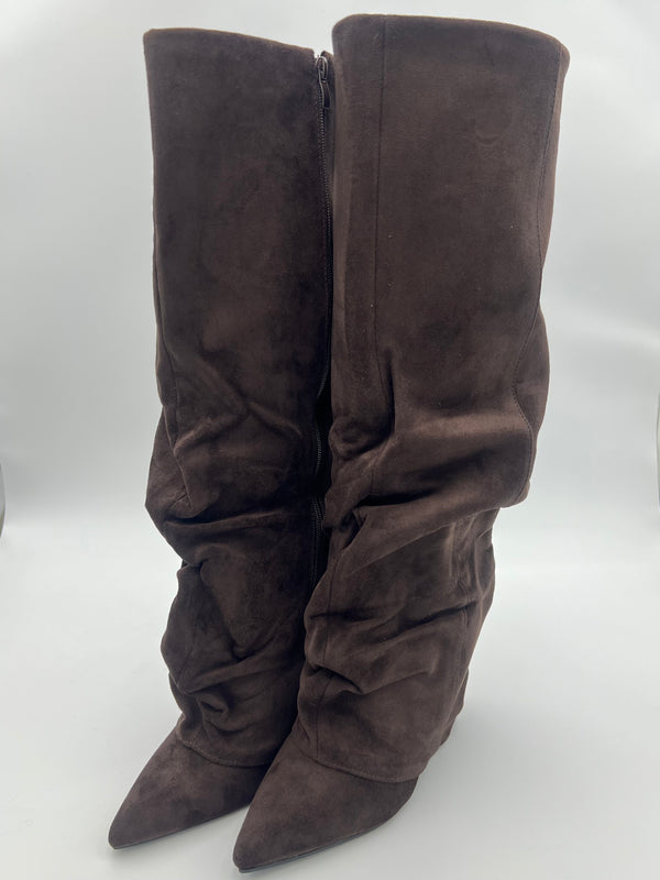 Chocolate Faux Suede Fold Over Knee High Slouch Boot in Chocolate / 3/36 - HL London