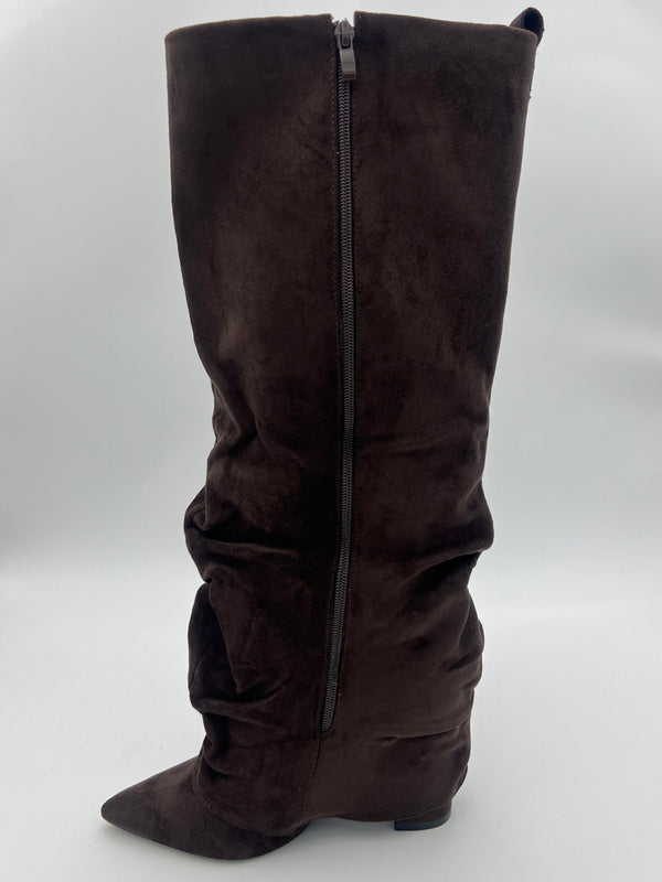 Chocolate Faux Suede Fold Over Knee High Slouch Boot in Chocolate / 3/36 - HL London