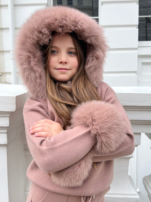 Childrens Taupe Luxury Fur Trim Hood & Cuff Tracksuit