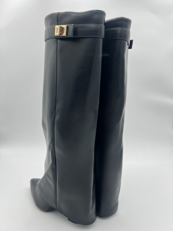 Black Faux Leather Fold Over Boot With Gold Buckle in Black / 3/36 - HL London