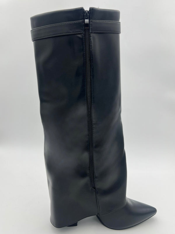Black Faux Leather Fold Over Boot With Gold Buckle in Black / 3/36 - HL London
