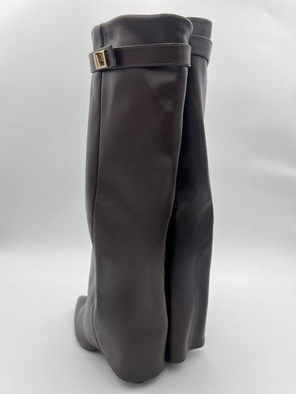 Chocolate Faux Leather Fold Over Boot With Gold Buckle in Chocolate / 3/36 - HL London