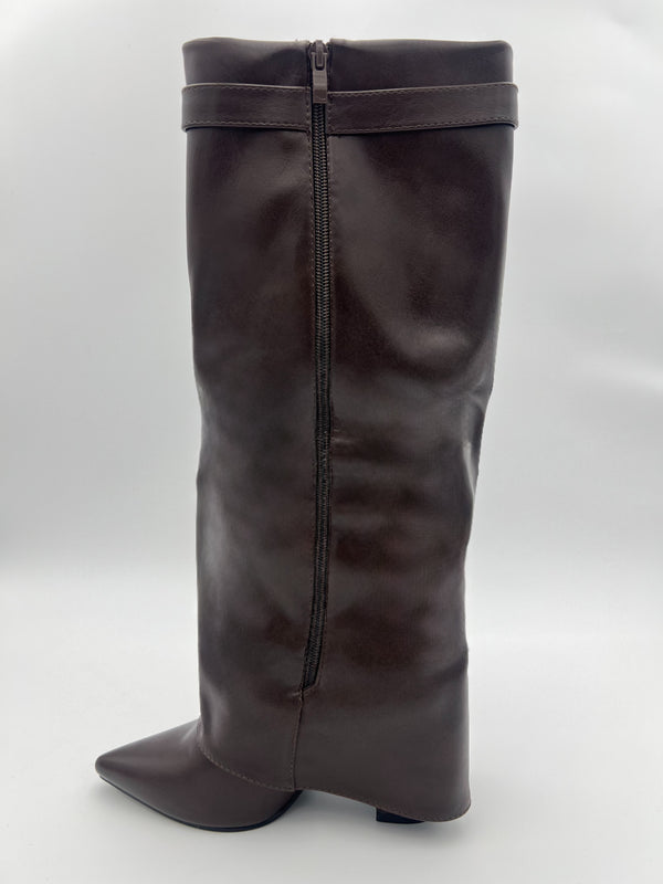 Chocolate Faux Leather Fold Over Boot With Gold Buckle in Chocolate / 3/36 - HL London