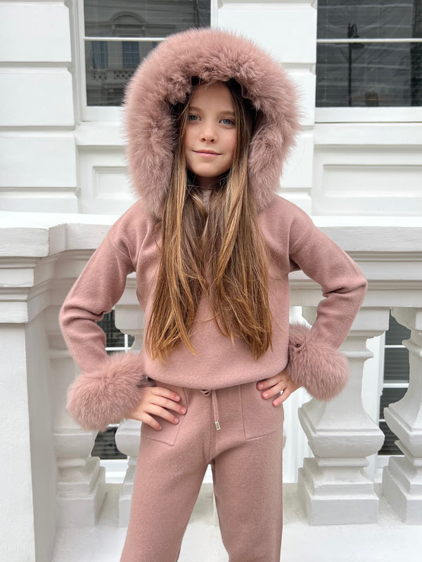 Childrens Taupe Luxury Fur Trim Hood & Cuff Tracksuit