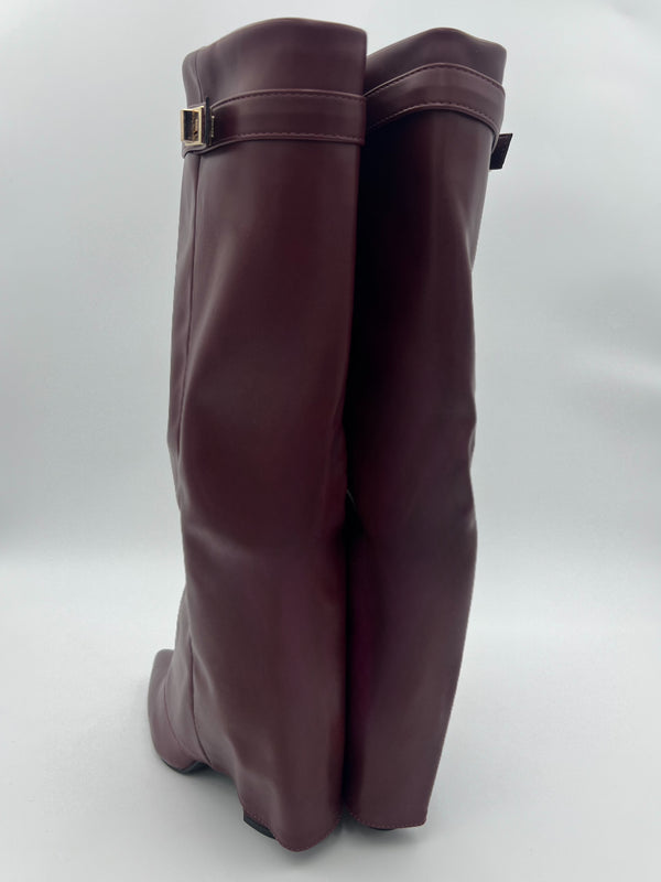 Burgundy Faux Leather Fold Over Boot With Gold Buckle in Burgundy / 3/36 - HL London