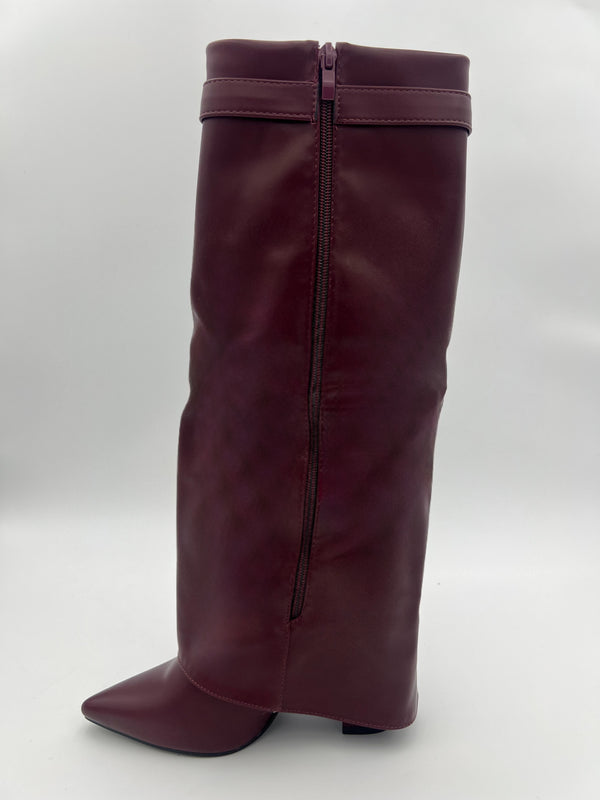 Burgundy Faux Leather Fold Over Boot With Gold Buckle in Burgundy / 3/36 - HL London
