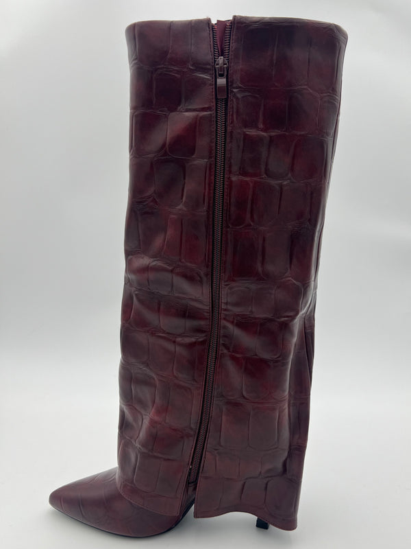 Burgundy Crocodile Fold Over Boot in Burgundy / 3/36 - HL London