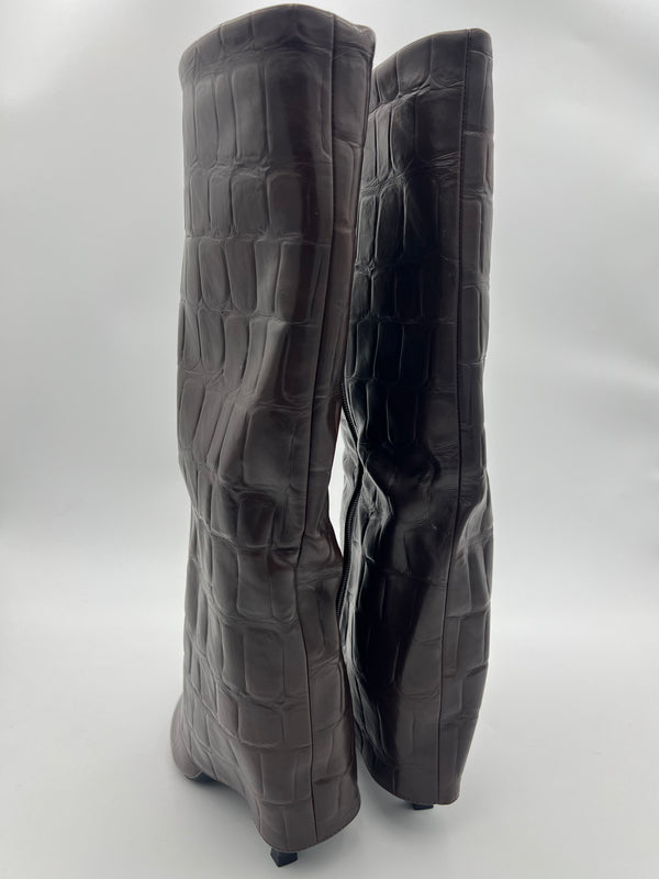 Chocolate Crocodile Fold Over Boot in Chocolate / 3/36 - HL London