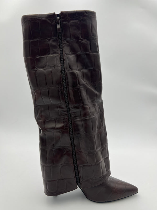 Chocolate Crocodile Fold Over Boot in Chocolate / 3/36 - HL London