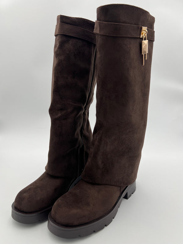 Chocolate Faux Suede Fold Over Chunky Sole Lock Boot in Chocolate / 3/36 - HL London