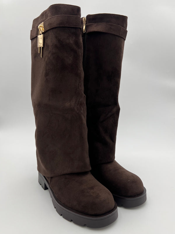 Chocolate Faux Suede Fold Over Chunky Sole Lock Boot in Chocolate / 3/36 - HL London