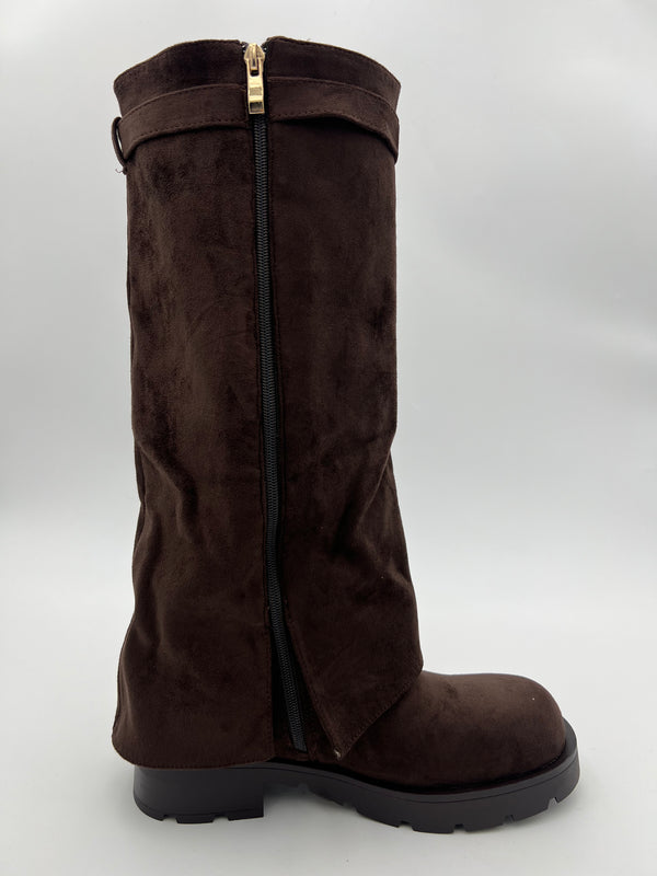 Chocolate Faux Suede Fold Over Chunky Sole Lock Boot in Chocolate / 3/36 - HL London