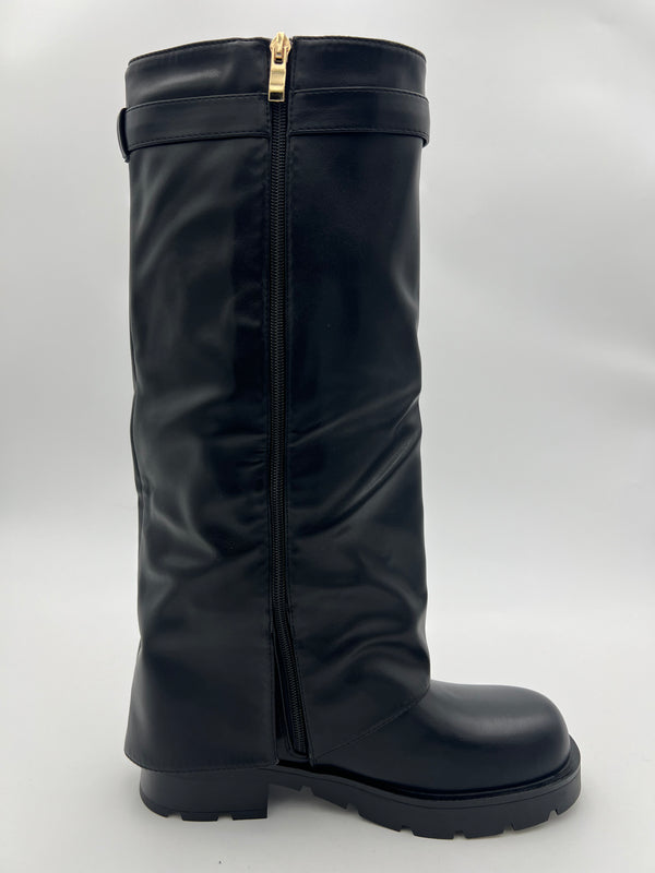 Black Faux Leather Fold Over Lock Chunky Boot in Black / 3/36 - HL London