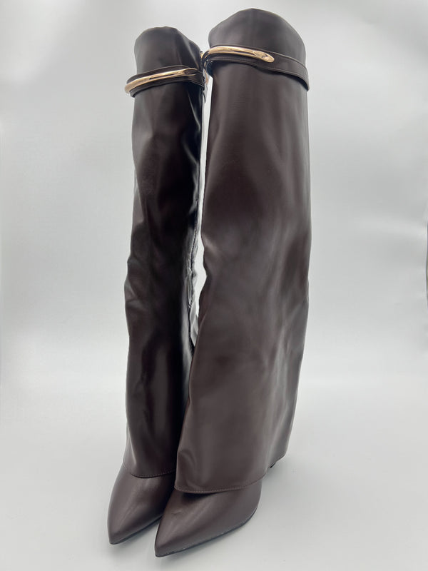 Chocolate Faux Leather Gold Bar Detail Fold Over Boot in Chocolate / 3/36 - HL London