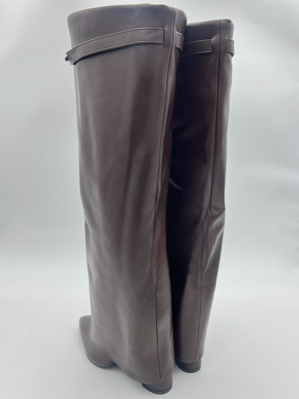 Chocolate Faux Leather Gold Bar Detail Fold Over Boot in Chocolate / 3/36 - HL London