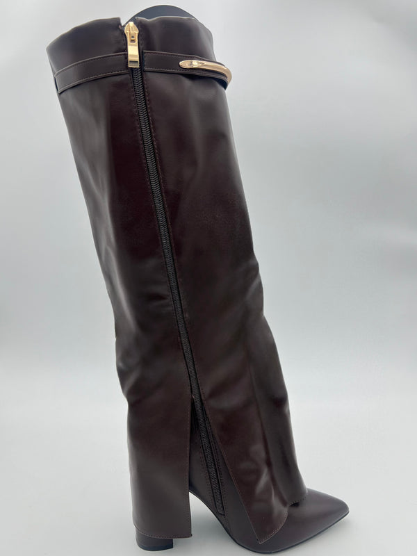 Chocolate Faux Leather Gold Bar Detail Fold Over Boot in Chocolate / 3/36 - HL London