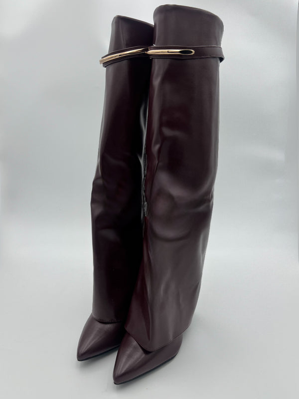Burgundy Faux Leather Gold Bar Detail Fold Over Boot in Burgundy / 3/36 - HL London