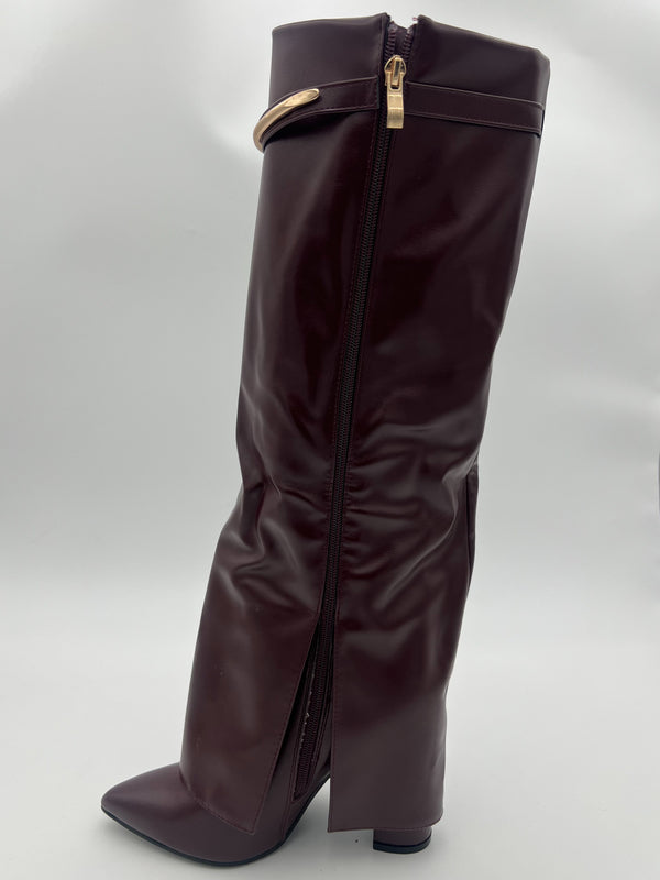 Burgundy Faux Leather Gold Bar Detail Fold Over Boot in Burgundy / 3/36 - HL London