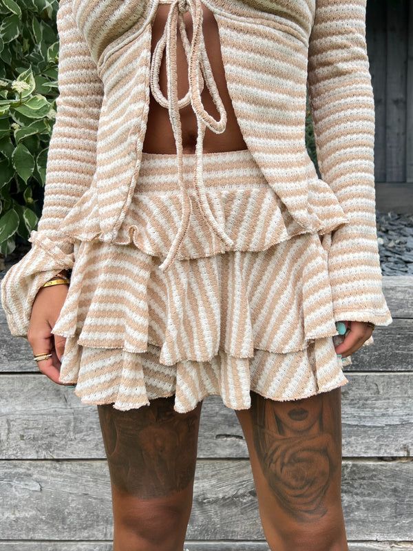 HALLIE | Taupe Stripe Layered Skirt - HL London