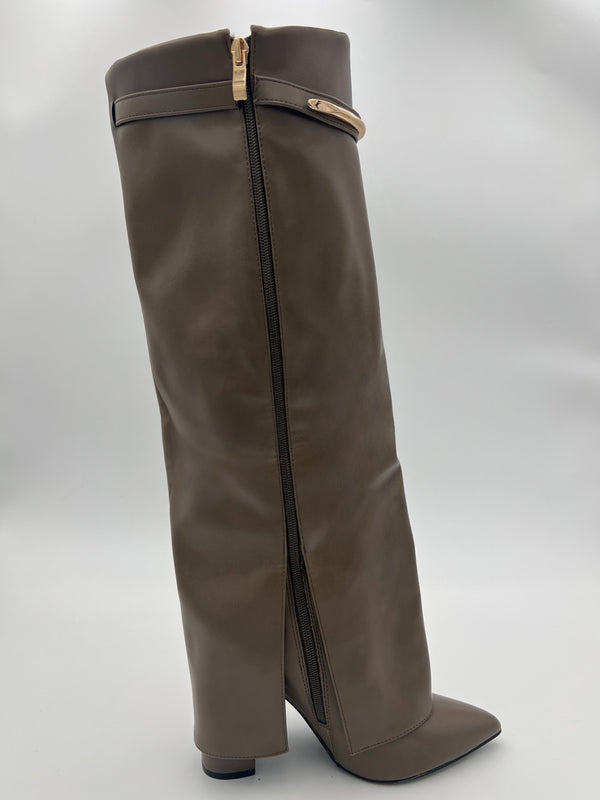 Dark Beige Faux Leather Gold Bar Detail Fold Over Boot in Dark Beige / 3/36 - HL London