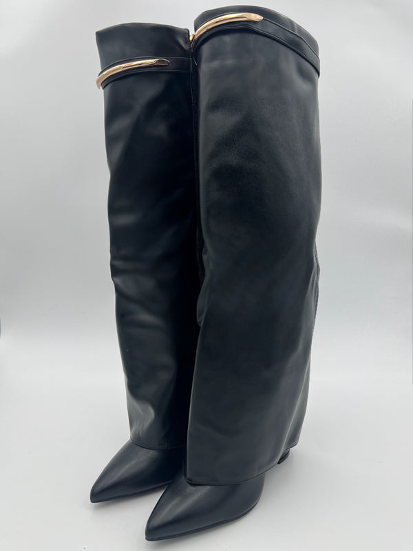 Black Faux Leather Gold Bar Detail Fold Over Boot in Black / 3/36 - HL London