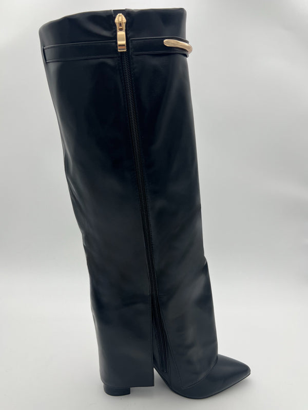 Black Faux Leather Gold Bar Detail Fold Over Boot in Black / 3/36 - HL London