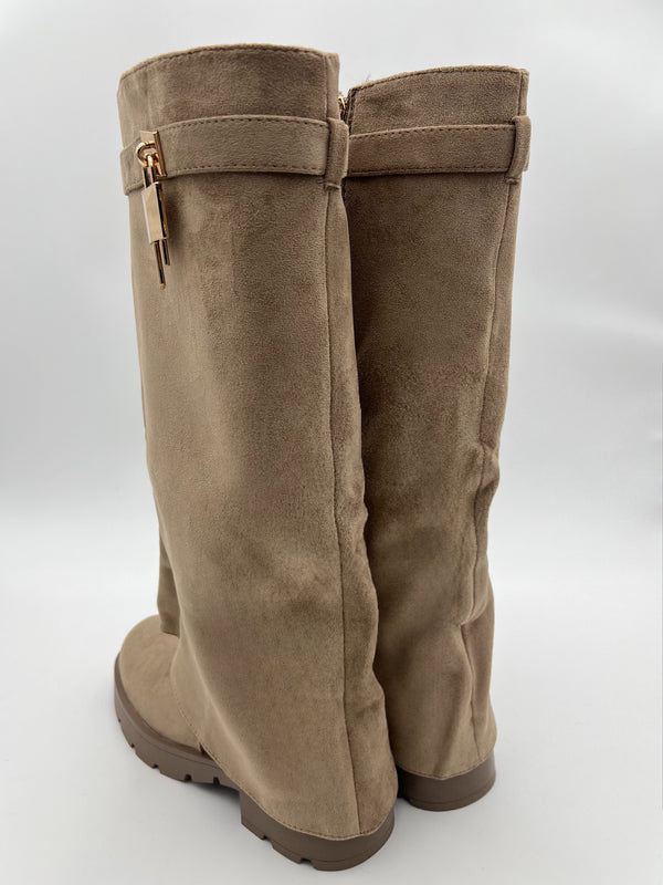 Dark Beige Faux Suede Fold Over Chunky Sole Lock Boot in Dark Beige / 3/36 - HL London